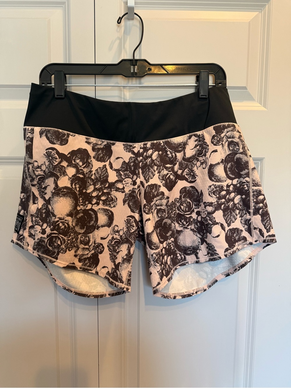 oiselle Pink Floral Athletic Shorts with Black Waistband